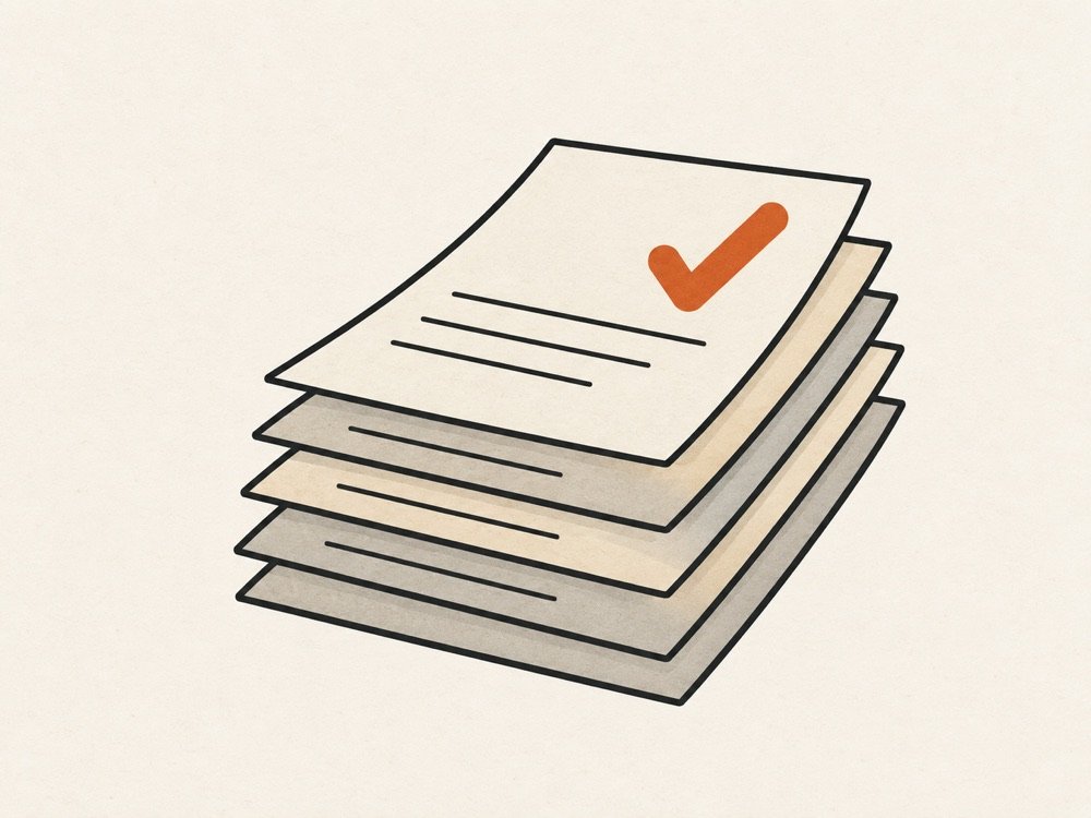 Illustration of a stack of saved paper versions with a check mark on top