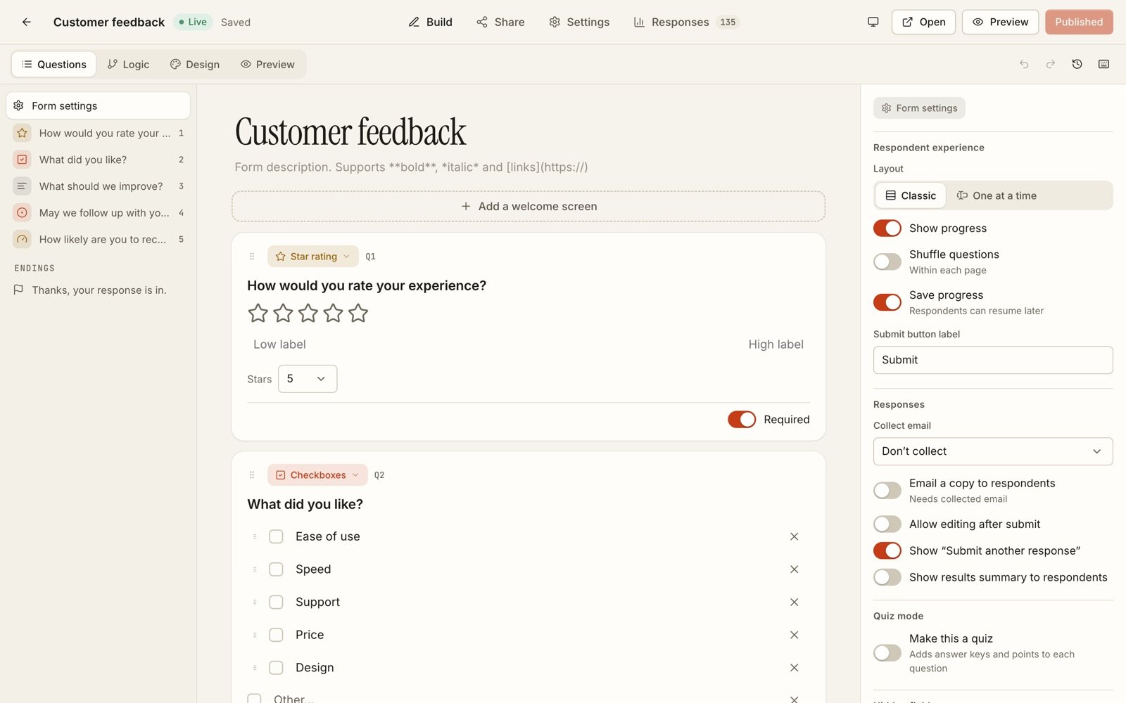 The Formwork form builder with a customer feedback form open: question list on the left, the form in the middle, form settings on the right