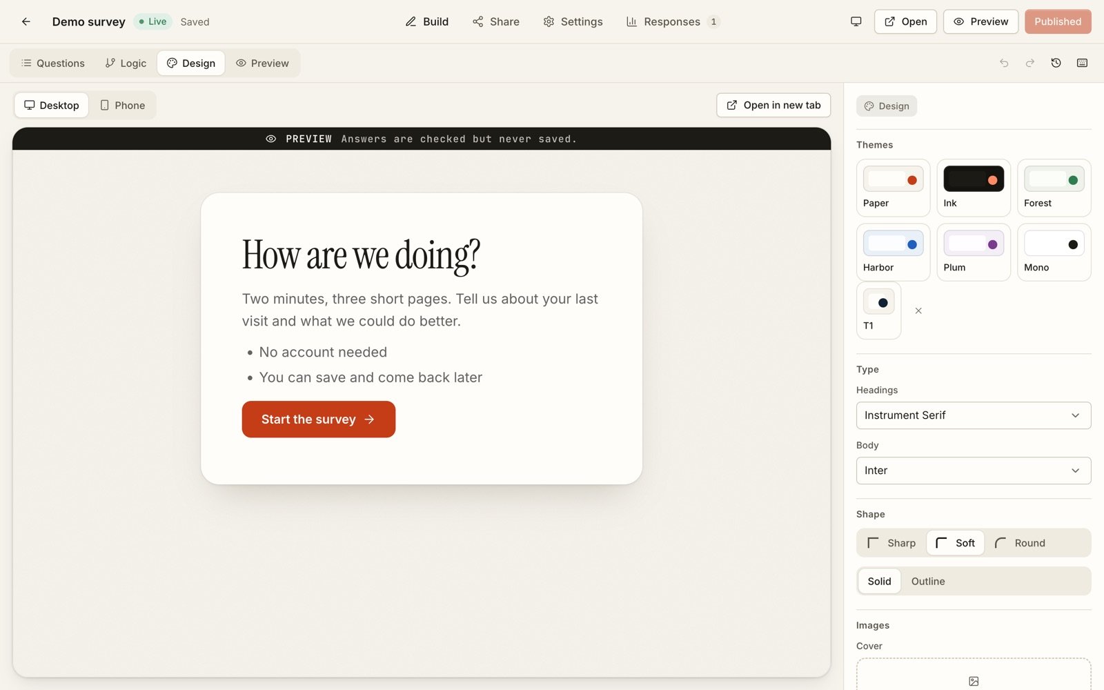 The design tab with theme presets, colour fields and a live preview