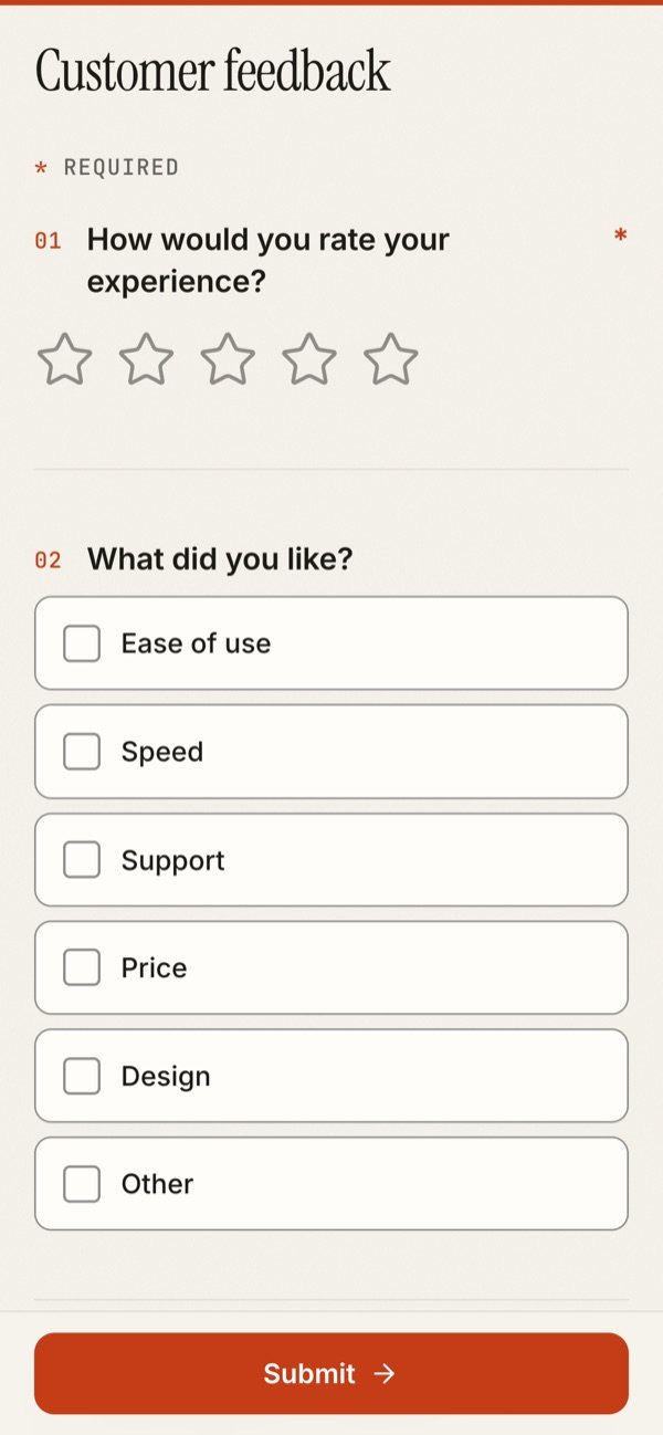 A form on a phone with a star rating and checkbox options